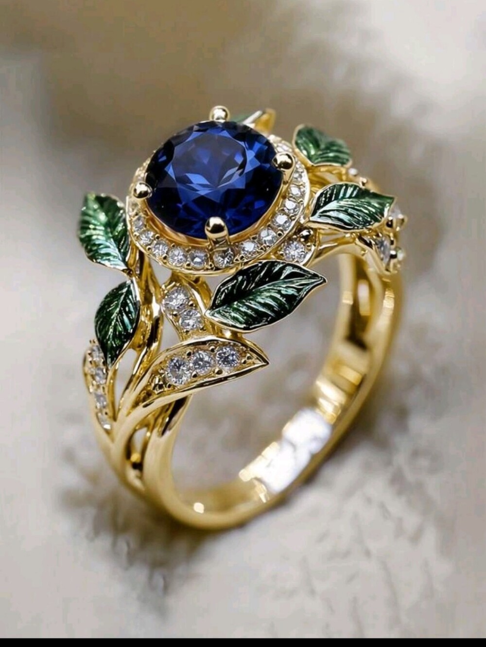 BRAND NEW ** Gold Green Leaf Ring with Blue Sapphire Center